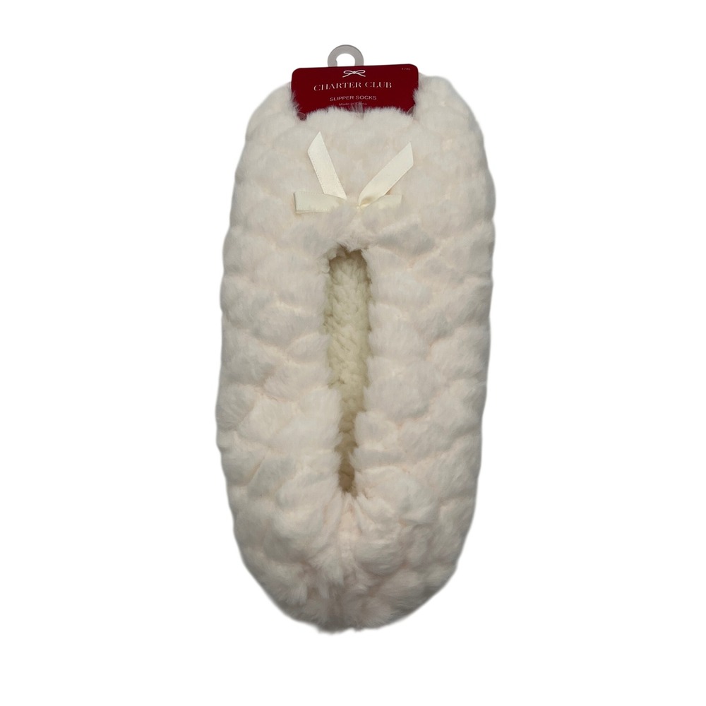 Charter‎ Club Slipper Socks Womens L/XL White Angel White Faux Fur Bow Ped Sock